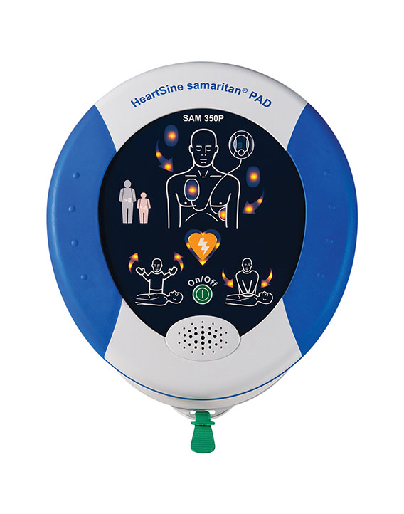 HeartSine Samaritan PAD 350P AED with visual CPR guidance and compact design for fast, lifesaving response to sudden cardiac arrest.
