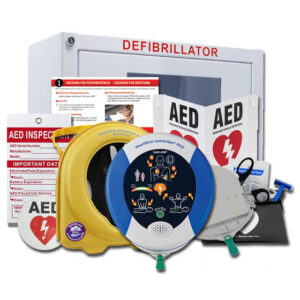 HeartSine Samaritan PAD 450P AED Value Package with wall cabinet, CPR kit, AED signage, and real-time CPR rate feedback for emergency readiness.