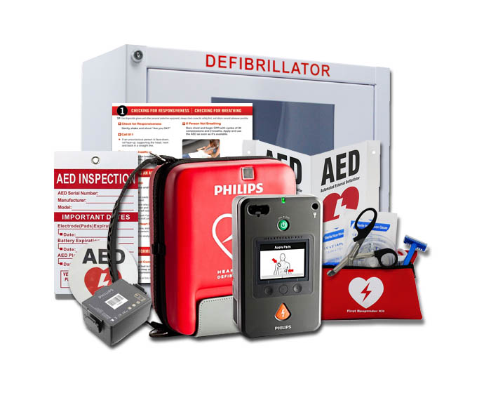 Philips HeartStart FR3 AED Value Package including defibrillator, red carry case, wall cabinet, CPR kit, AED signage, and inspection tag for complete emergency preparedness.