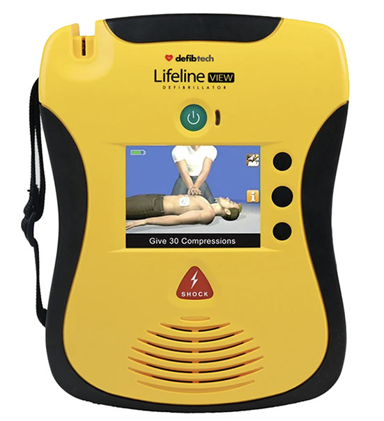 Defibtech Lifeline VIEW AED with full-color instructional screen displaying CPR guidance, designed for intuitive rescue in sudden cardiac emergencies.