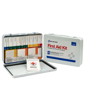 36-unit OSHA-compliant First Aid Only kit with organized labeled compartments and emergency first aid guide for workplace safety and regulatory compliance.
